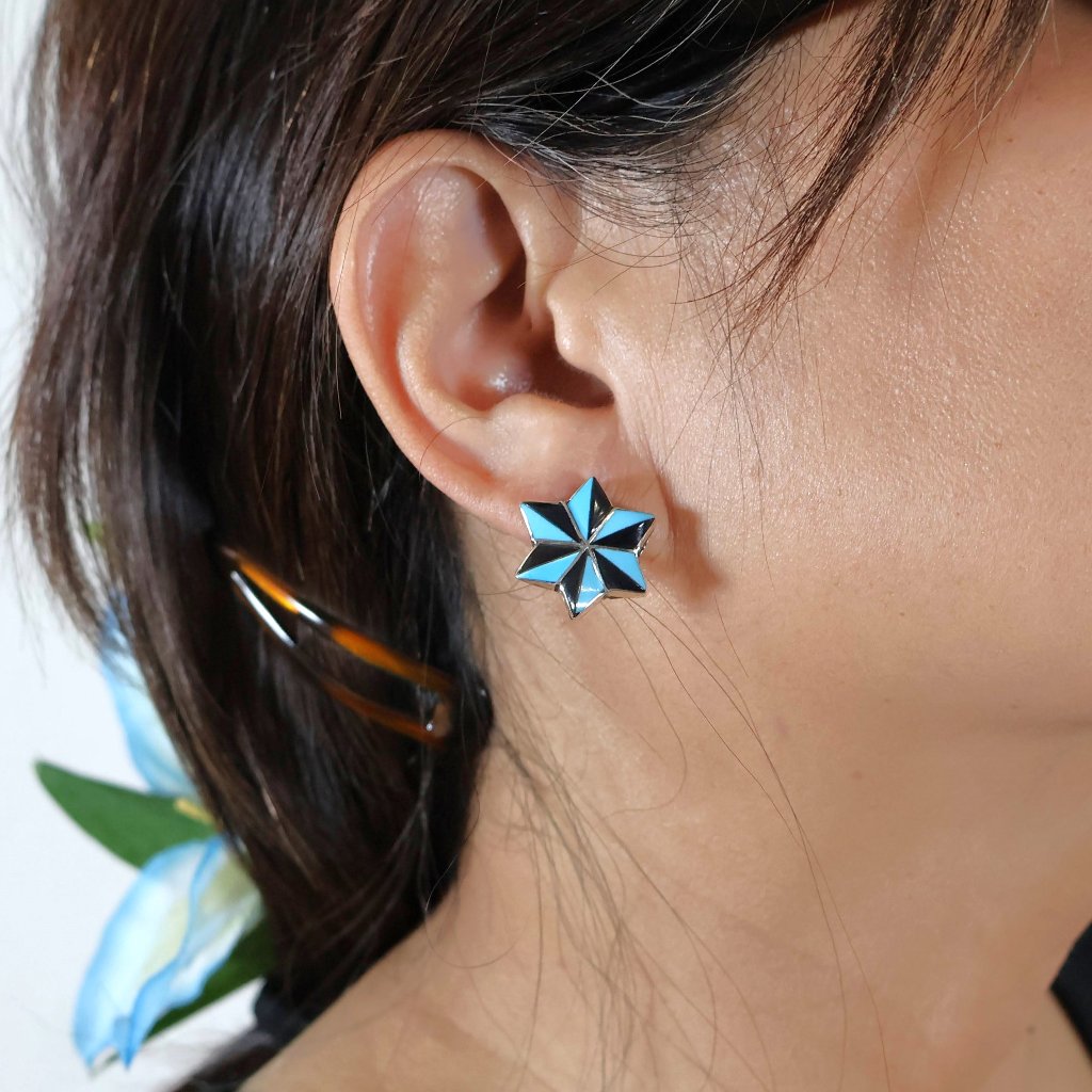 Zuni Inlay Turquoise And Pen Shell Star Stud Earrings Handmade Artisan Jewelry**